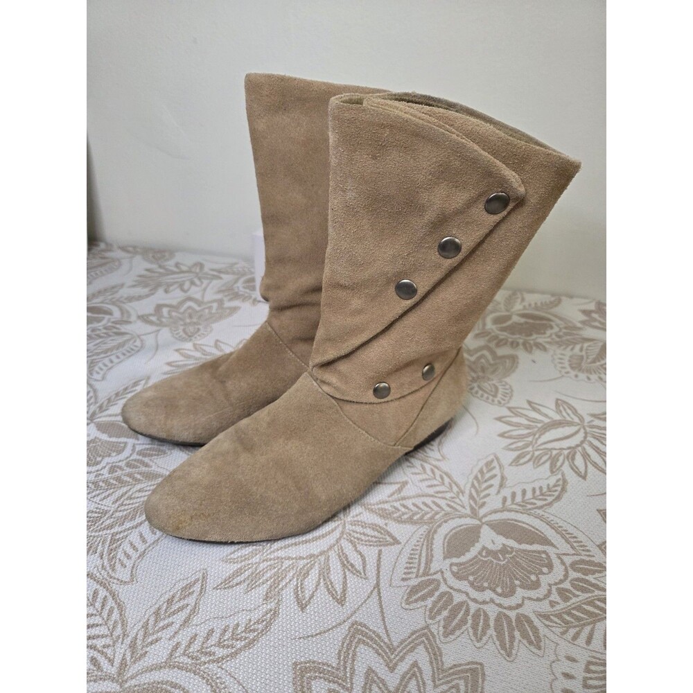 Fergie SHIMMY Tan Suede Boot 7.5 Snaps Mid Calf Zippered Fold Over 80s Zipper